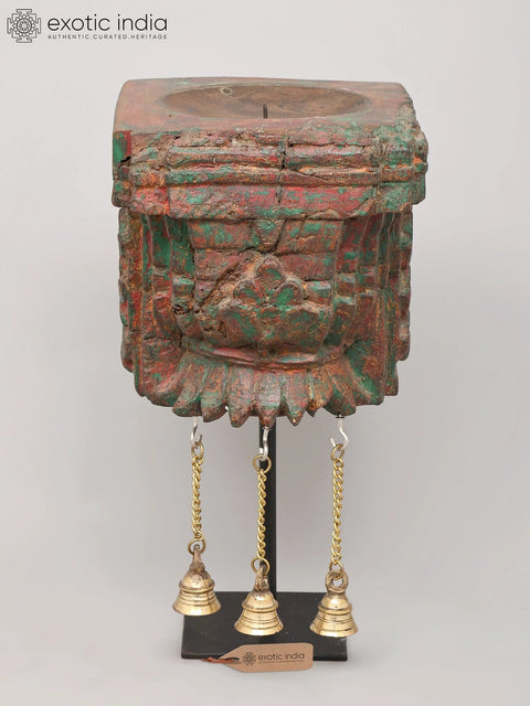 13" Wood Carved Designer Candle Stand with Brass Bells | Home Decor