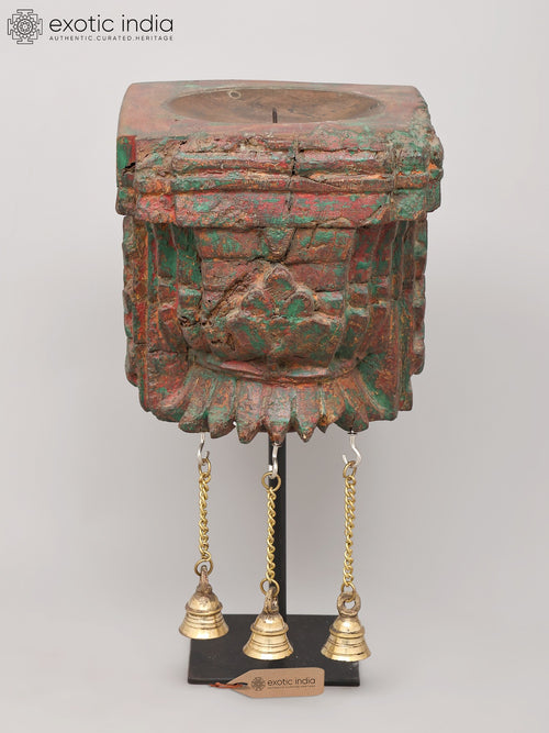13" Wood Carved Candle Stand with Brass Bells Handmade Home Decor