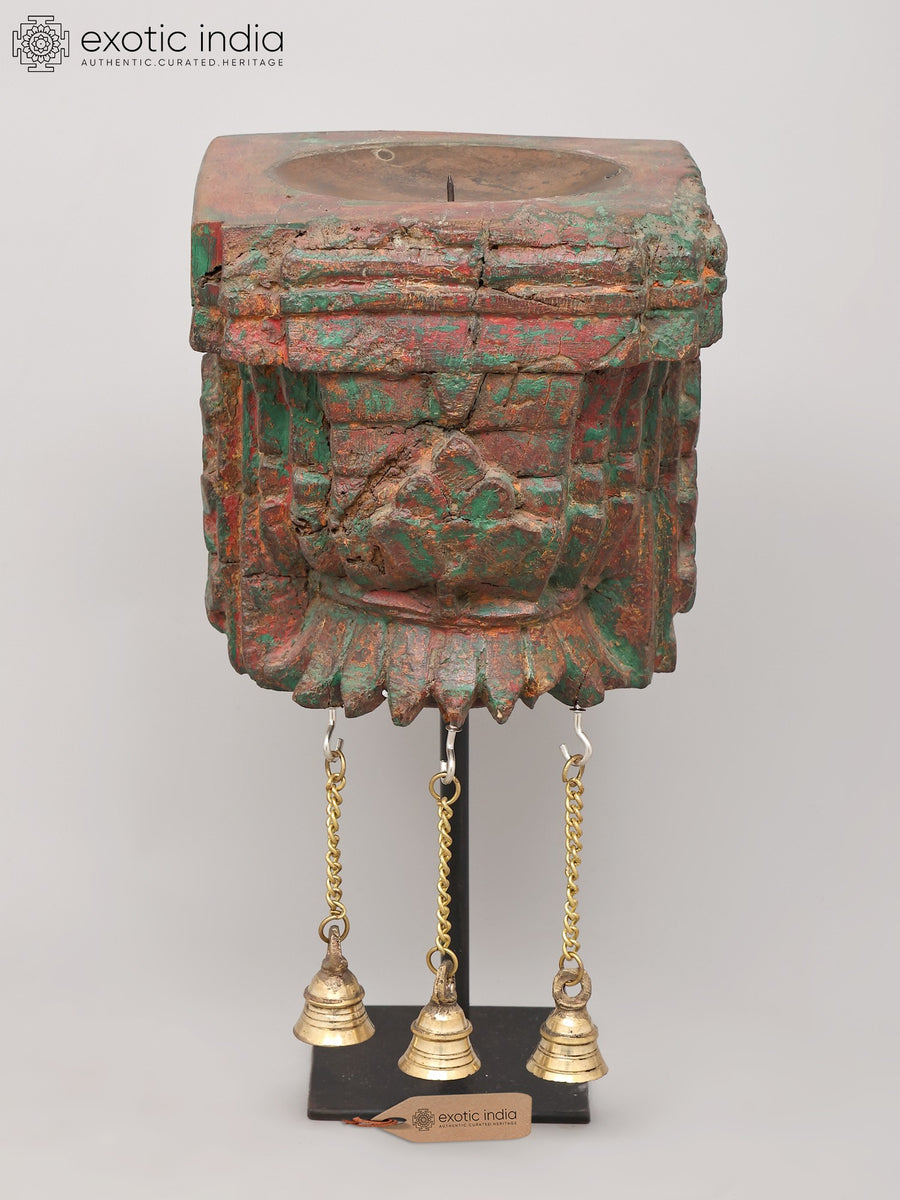 13" Wood Carved Candle Stand with Brass Bells Handmade Home Decor
