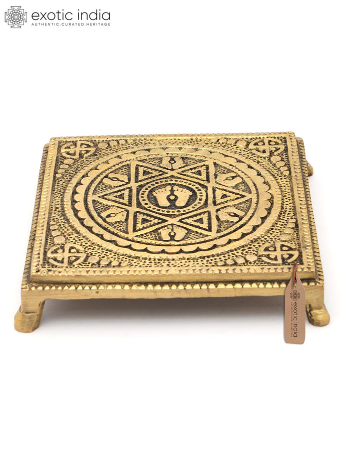 5" Charan Engraved Brass Pedestal Chowki for Pooja