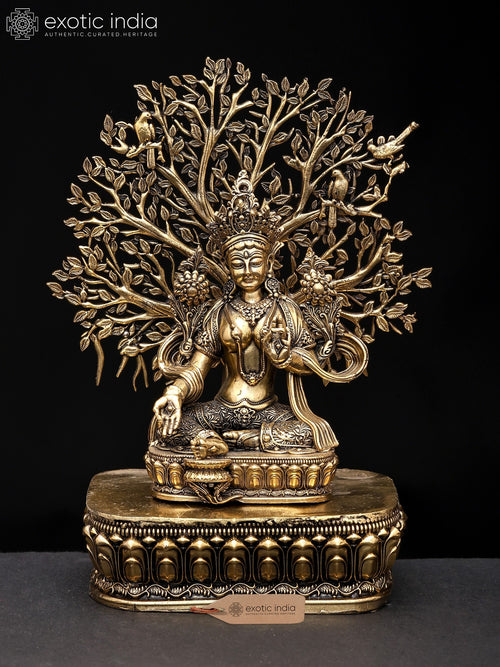 7" Green Tara Buddhist Goddess Brass Statue with Tree Backdrop