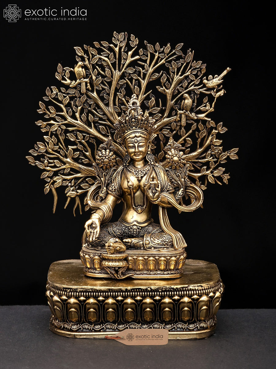 7" Green Tara Buddhist Goddess Brass Statue with Tree Backdrop