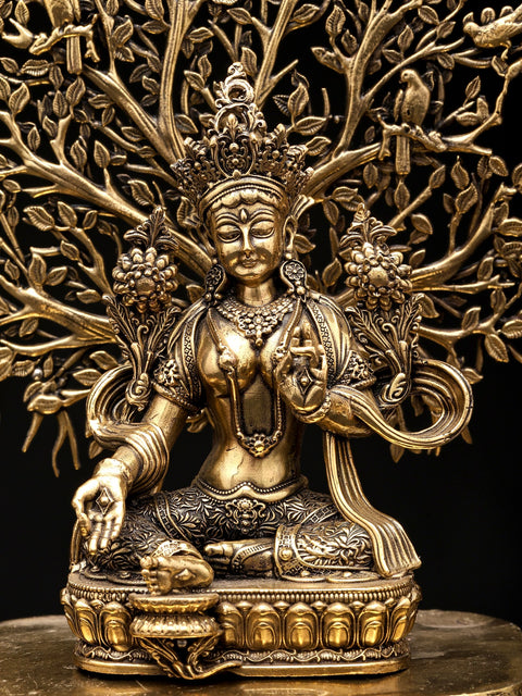 7" Superfine Tibetan Buddhist Goddess Green Tara with Tree as Backdrop | Brass Statue