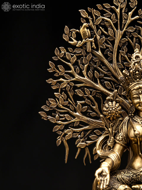 7" Superfine Tibetan Buddhist Goddess Green Tara with Tree as Backdrop | Brass Statue