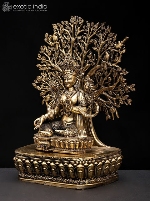7" Superfine Tibetan Buddhist Goddess Green Tara with Tree as Backdrop | Brass Statue