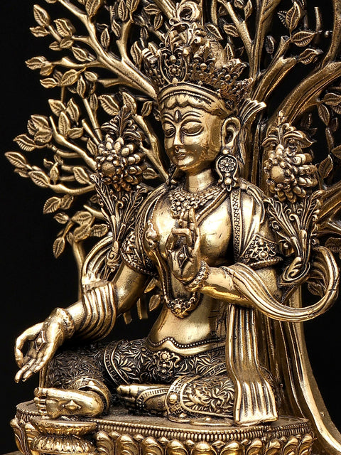 7" Superfine Tibetan Buddhist Goddess Green Tara with Tree as Backdrop | Brass Statue