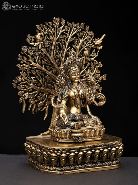 7" Superfine Tibetan Buddhist Goddess Green Tara with Tree as Backdrop | Brass Statue