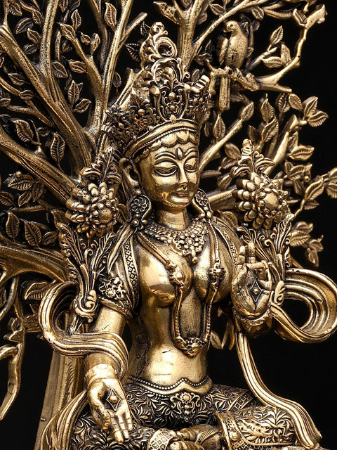 7" Superfine Tibetan Buddhist Goddess Green Tara with Tree as Backdrop | Brass Statue