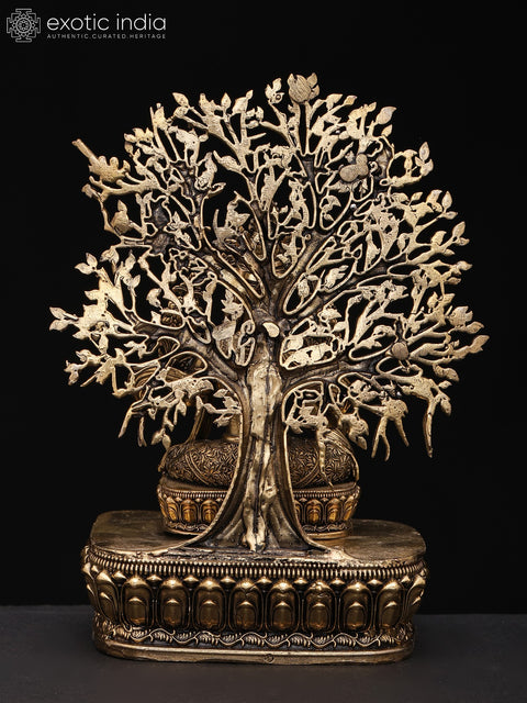 7" Superfine Tibetan Buddhist Goddess Green Tara with Tree as Backdrop | Brass Statue