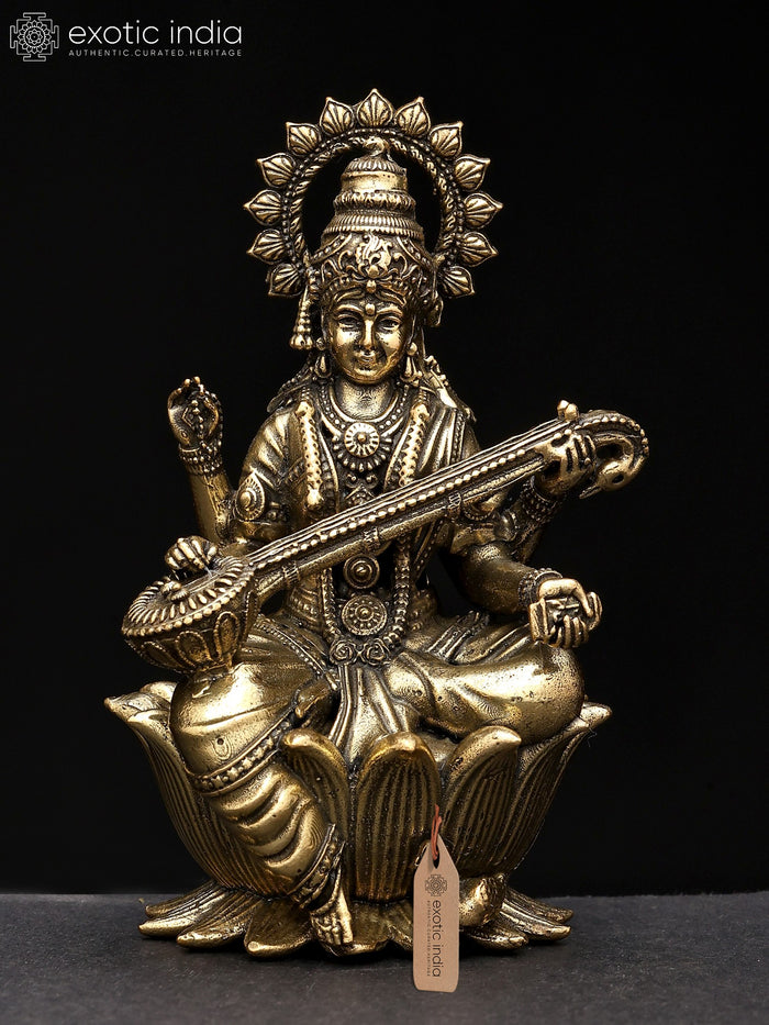 3" Small Superfine Goddess Saraswati Seated on Lotus | Brass Statue