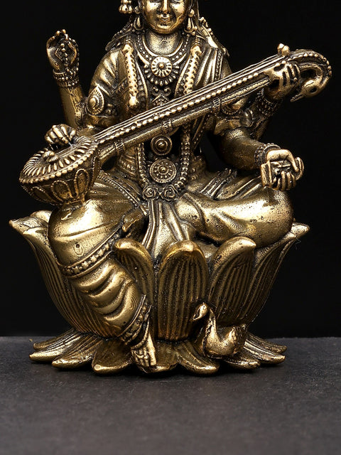 3" Small Superfine Goddess Saraswati Seated on Lotus | Brass Statue