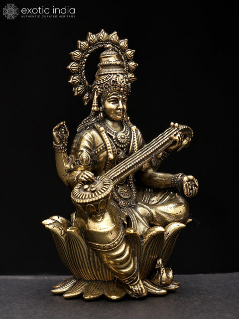 3" Small Superfine Goddess Saraswati Seated on Lotus | Brass Statue