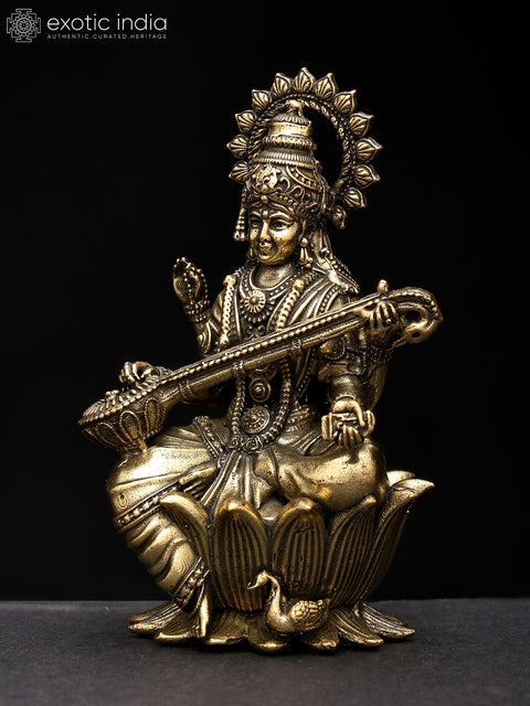 3" Small Superfine Goddess Saraswati Seated on Lotus | Brass Statue