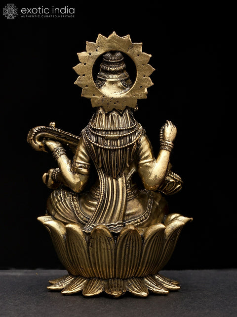 3" Small Superfine Goddess Saraswati Seated on Lotus | Brass Statue