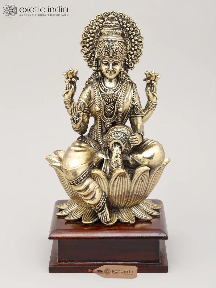 Handmade Brass Goddess Lakshmi Seated on Lotus Flower Idol with Wood Base