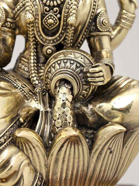 Superfine Goddess Lakshmi Seated on Lotus Flower with Wood Base | Brass Idol | Made in India