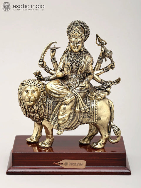 Superfine Ashtabhuja Goddess Durga Seated on Lion with Wood Base | Brass Sculpture | Made in India