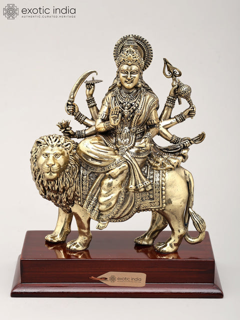 Superfine Ashtabhuja Goddess Durga Seated on Lion with Wood Base | Brass Sculpture | Made in India