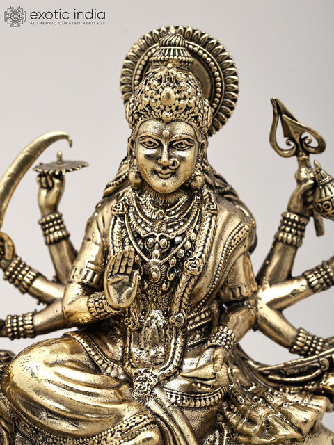 Superfine Ashtabhuja Goddess Durga Seated on Lion with Wood Base | Brass Sculpture | Made in India