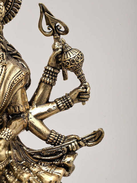 Superfine Ashtabhuja Goddess Durga Seated on Lion with Wood Base | Brass Sculpture | Made in India