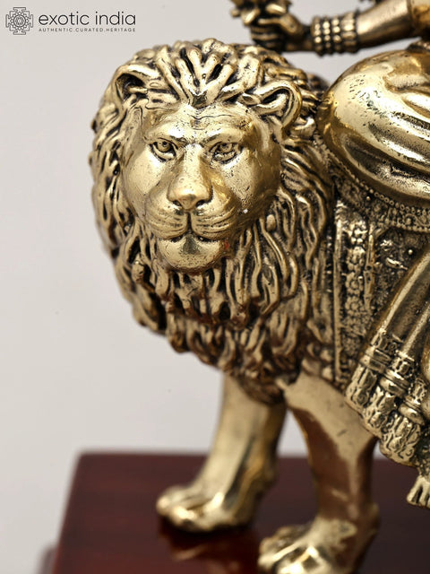 Superfine Ashtabhuja Goddess Durga Seated on Lion with Wood Base | Brass Sculpture | Made in India