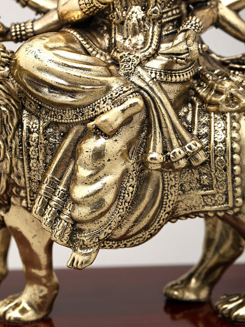 Superfine Ashtabhuja Goddess Durga Seated on Lion with Wood Base | Brass Sculpture | Made in India