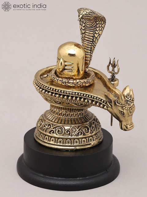 5" Small Superfine Brass Statue of Shiva Lingam with Nandi, Trident and Vasuki Naag with Wood Base | Made in India