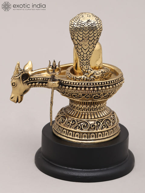 5" Small Superfine Brass Statue of Shiva Lingam with Nandi, Trident and Vasuki Naag with Wood Base | Made in India