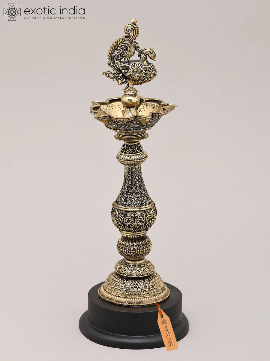 9" Peacock Brass Oil Lamp with Wood Base for Pooja
