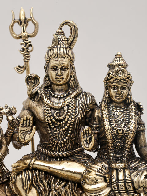 5" Small Superfine Brass Statue of Lord Shiva Family Seated Together with Wood Base | Made in India