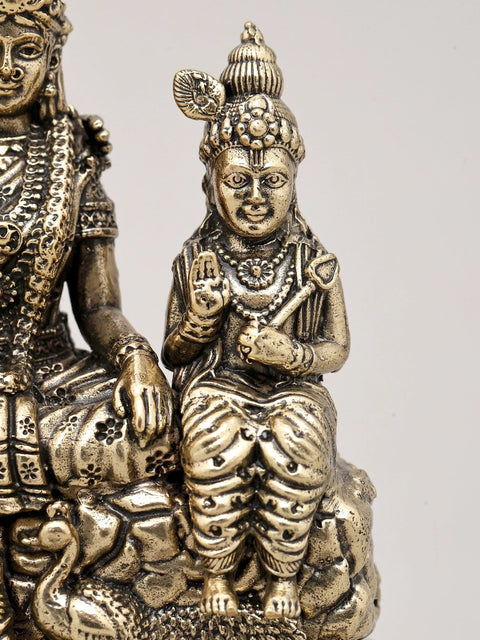 5" Small Superfine Brass Statue of Lord Shiva Family Seated Together with Wood Base | Made in India