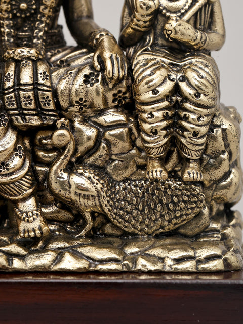5" Small Superfine Brass Statue of Lord Shiva Family Seated Together with Wood Base | Made in India