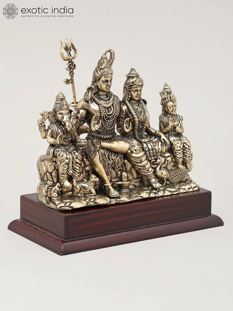 5" Small Superfine Brass Statue of Lord Shiva Family Seated Together with Wood Base | Made in India