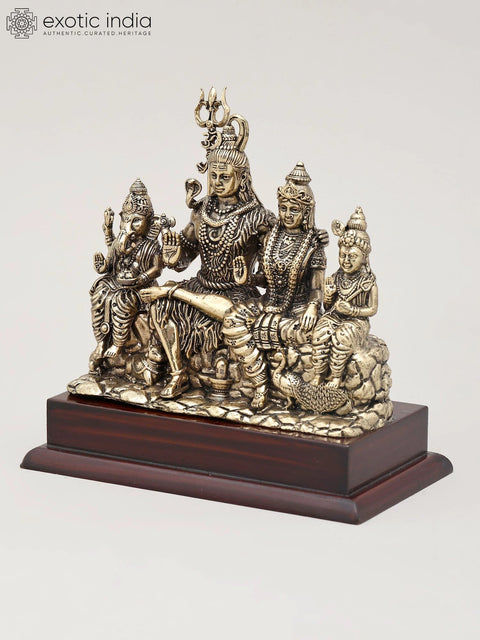 5" Small Superfine Brass Statue of Lord Shiva Family Seated Together with Wood Base | Made in India