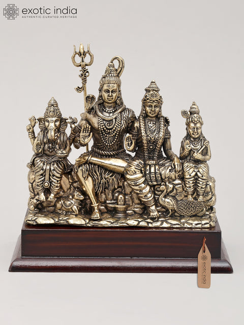 5" Small Superfine Brass Statue of Lord Shiva Family Seated Together with Wood Base | Made in India