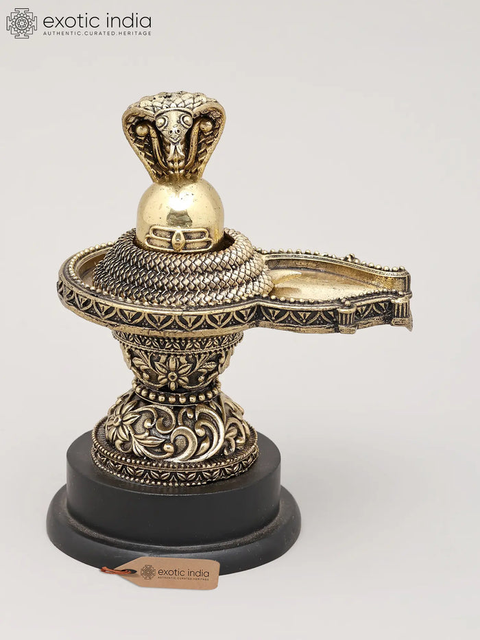 5" Shivling with Vasuki Brass Statue on Wood Base