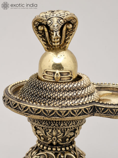 5" Small Superfine Shivling and Protective Vasuki with Wood Base | Brass Statue | Made in India