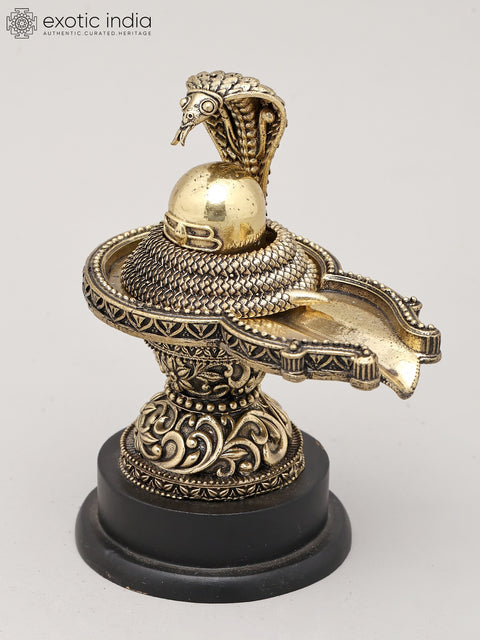 5" Small Superfine Shivling and Protective Vasuki with Wood Base | Brass Statue | Made in India
