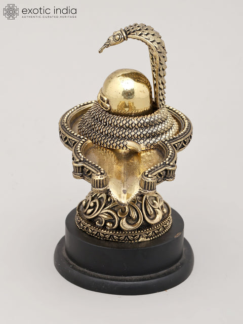 5" Small Superfine Shivling and Protective Vasuki with Wood Base | Brass Statue | Made in India