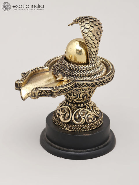 5" Small Superfine Shivling and Protective Vasuki with Wood Base | Brass Statue | Made in India