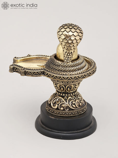 5" Small Superfine Shivling and Protective Vasuki with Wood Base | Brass Statue | Made in India
