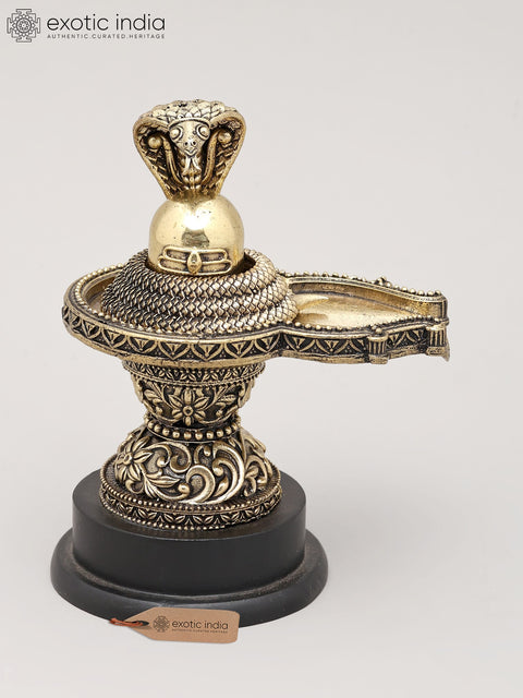 5" Small Superfine Shivling and Protective Vasuki with Wood Base | Brass Statue | Made in India