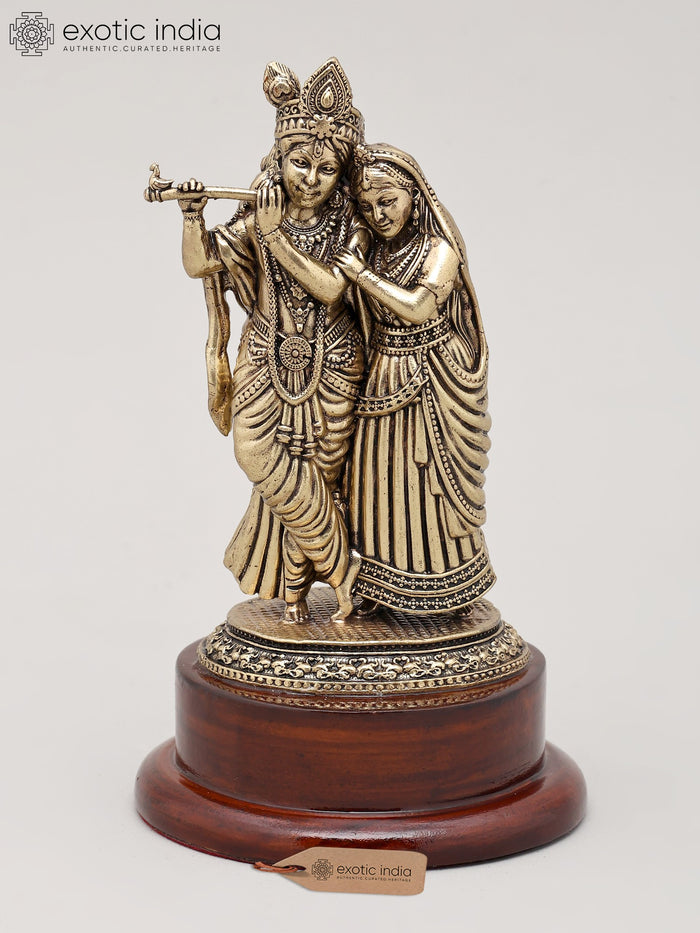 5" Radha Krishna Brass Idol with Wood Base for Pooja