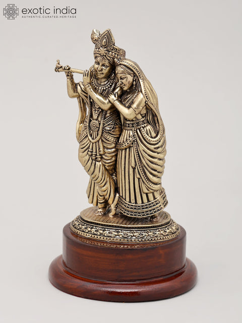 5" Small Superfine Divine Radha and Krishna with Wood Base | Brass Sculpture for Temple