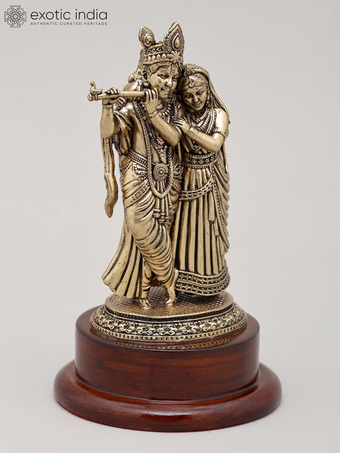 5" Small Superfine Divine Radha and Krishna with Wood Base | Brass Sculpture for Temple