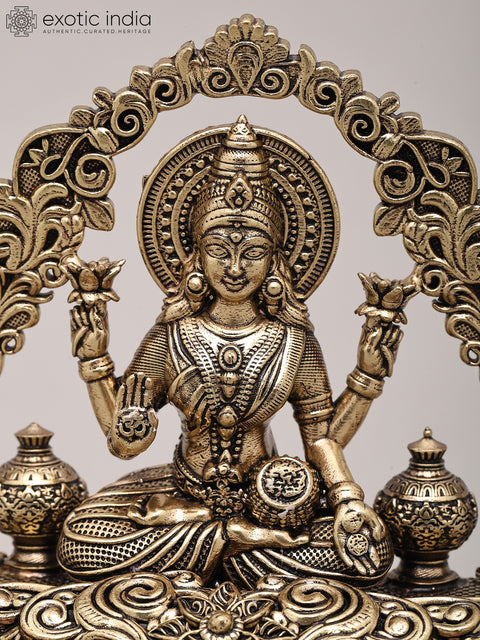 5" Small Superfine Four Armed Dhanalakshmi Seated with Attractive Arch and Wood Base | Brass Idol