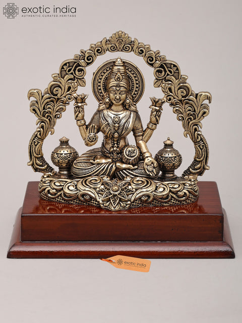 5" Small Superfine Four Armed Dhanalakshmi Seated with Attractive Arch and Wood Base | Brass Idol