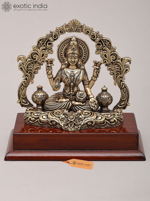 5" Four Armed Dhanalakshmi Brass Idol with Wood Base