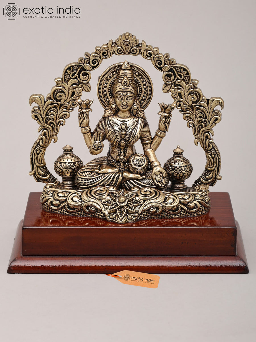 5" Four Armed Dhanalakshmi Brass Idol with Wood Base