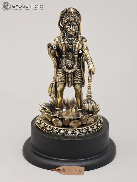 5" Small Superfine Lord Hanuman Standing in Blessing Gesture with Mace and Wood Base | Brass Statue